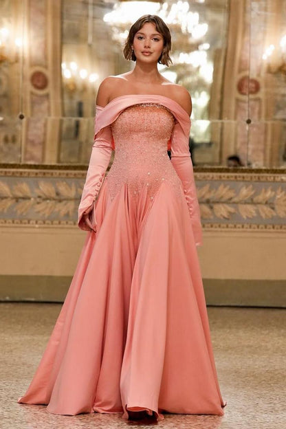 Chic Off The Shoulder Long Sleeves Long Prom Dress With Beading