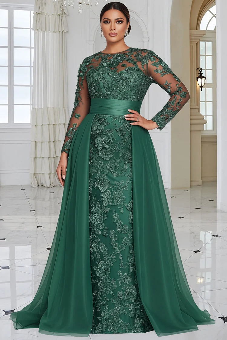 Formal Tulle Green Round Neck Long Sleeve With Skirt Overlay Lace Maxi Dress
