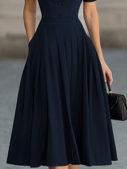 The Deep Navy Shirt Collar Fit-and-Flare Midi Dress