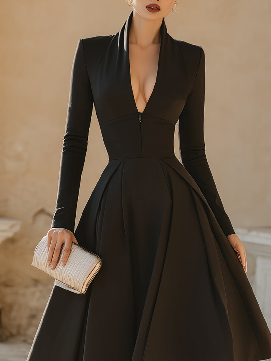 Deep V-Collar Pleated Midi Dress