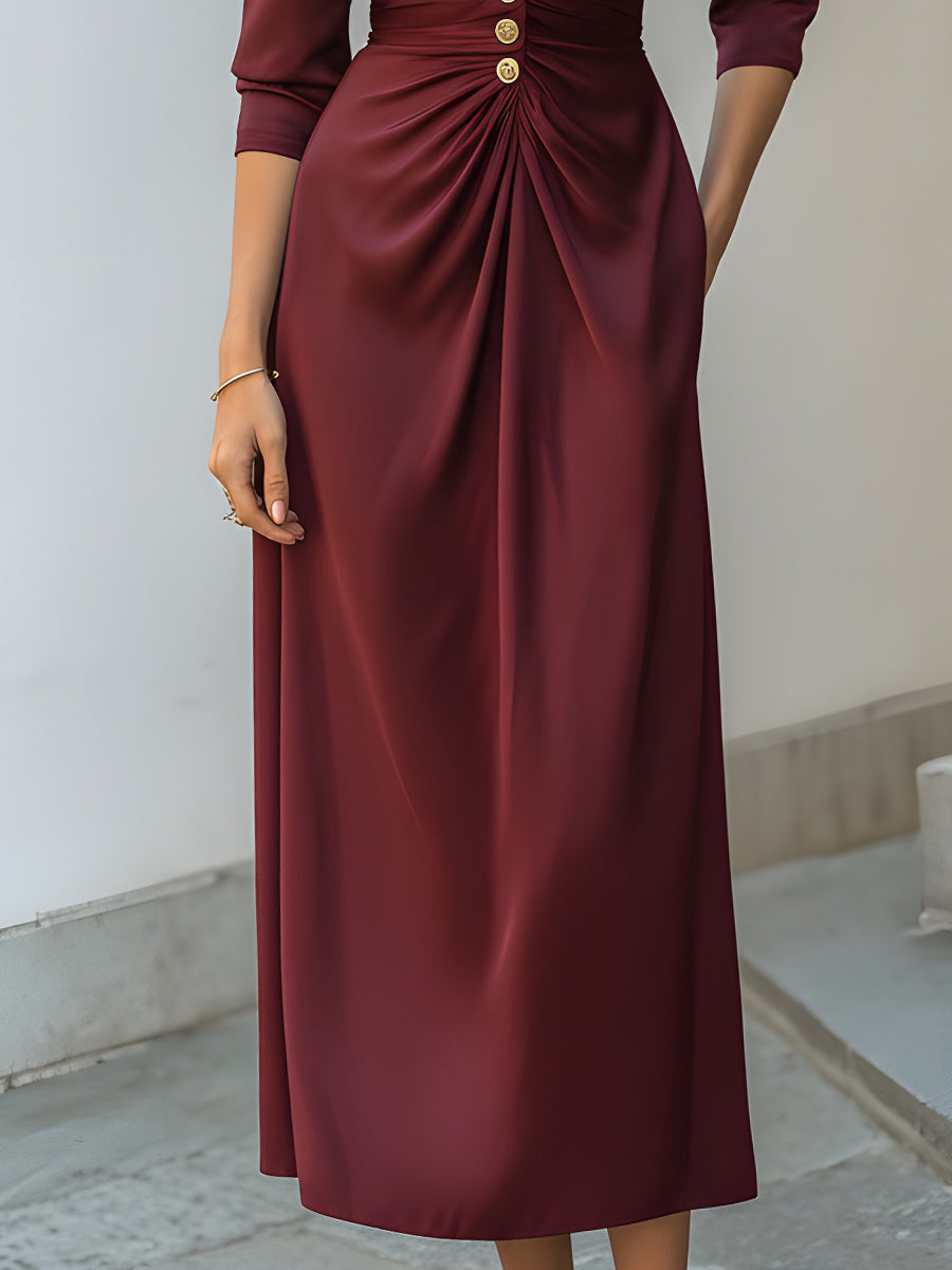 Burgundy Satin Buttoned Midi Dress