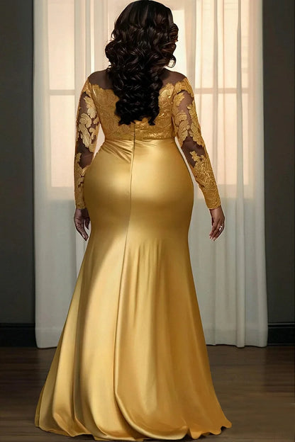 Formal Lace Gold Turndown Collar Long Sleeve Split Elegant See Through Satin Maxi Dress