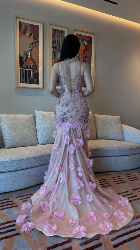 Exquisite Halter Sleeveless Backless Flowers Applique Mermaid Floor-Length Evening Dress