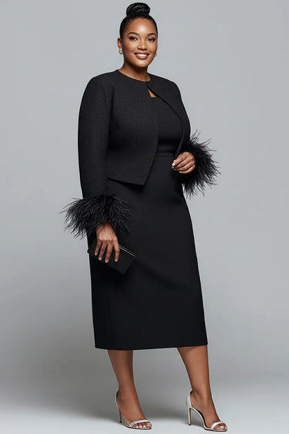 Cocktail Party Black Round Neck Long Sleeve Feather Elegant Two Piece Dress Set