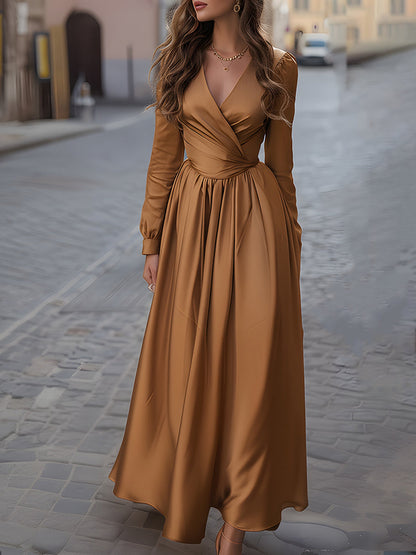 Caramel Satin Wrap Maxi Dress
