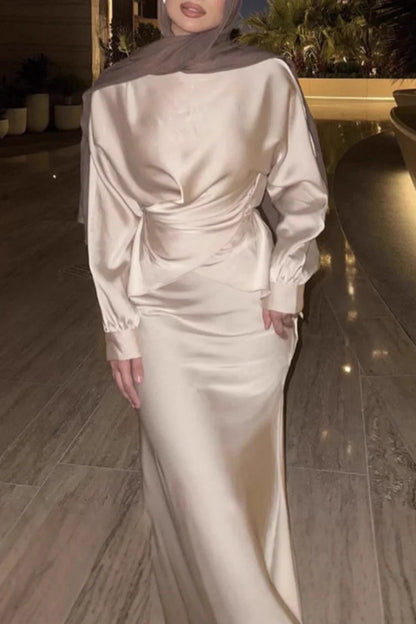 Solid Color Cinch Waist Long Sleeve Top Maxi Skirt 2pcs Set