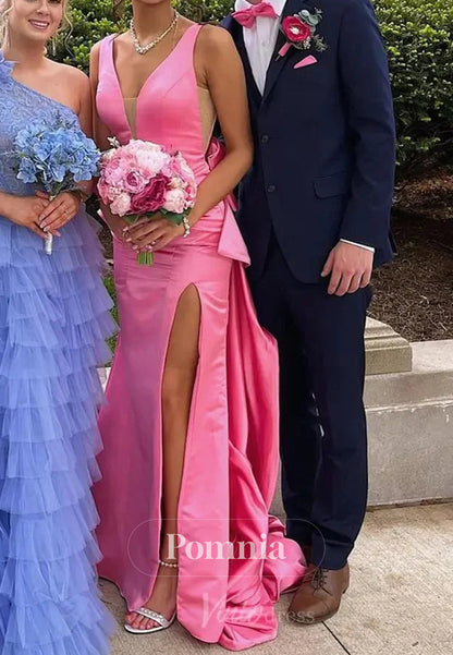 Blushing Pink Spaghetti Straps V-Neck Bowknot Prom Dress