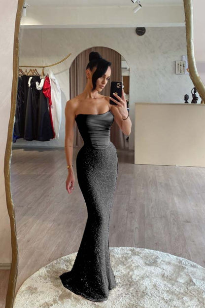 Strapless Sleeveless Long Mermaid Prom Dress With Sequin Pleated