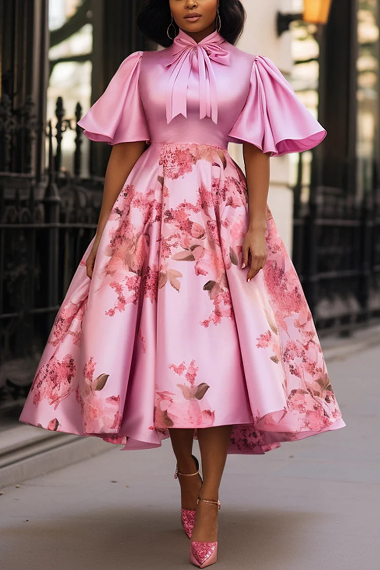 Pink Floral Short Sleeve Bow Tie Pocket Satin Midi Dress