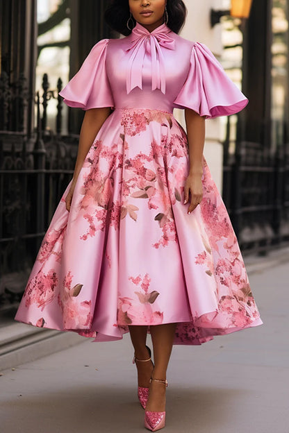 Pink Floral Short Sleeve Bow Tie Pocket Satin Midi Dress