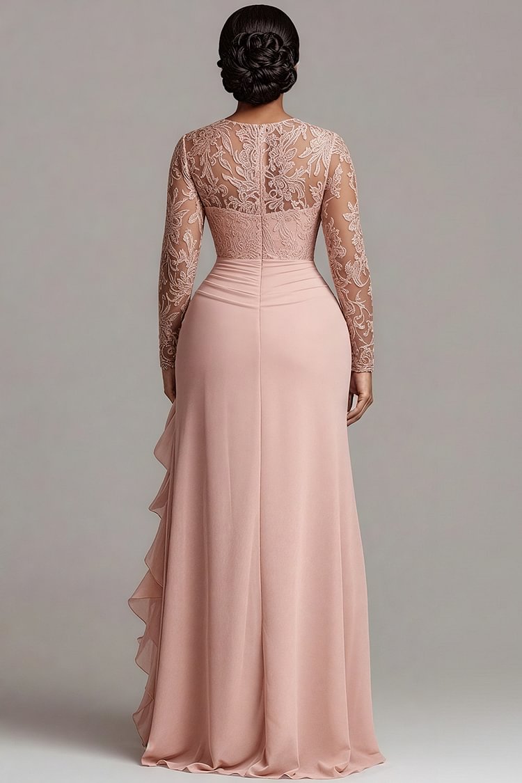 Formal Pink Round Neck Long Sleeve Split Elegant See Through Satin Maxi Dress