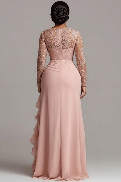 Formal Pink Round Neck Long Sleeve Split Elegant See Through Satin Maxi Dress