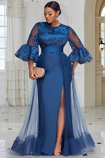 Formal Tulle Royal Blue Graphic Round Neck Flare Half Sleeve Contrast Maxi Dress