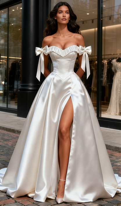 Ruched A Line Satin Off The Shoulder Wedding Dress With Slit
