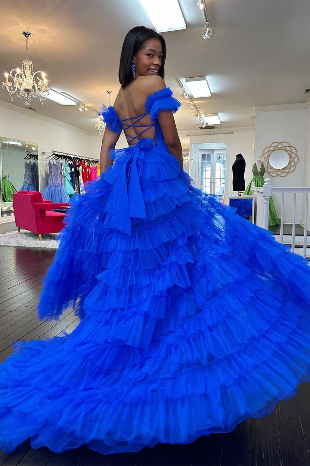 A-Line Sweetheart Off-Shoulder Sleeveless Pleated Tulle Tiered Prom Dress