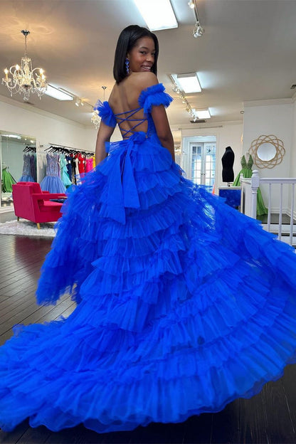 A-Line Sweetheart Off-Shoulder Sleeveless Pleated Tulle Tiered Prom Dress
