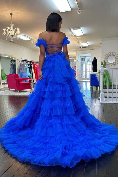A-Line Sweetheart Off-Shoulder Sleeveless Pleated Tulle Tiered Prom Dress