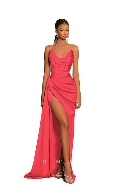 P1227 - Chic Strapless V-Neck Pleats Sleeveless Long Formal Evening Prom Dress with Slit