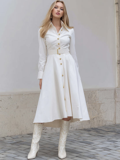 Mooyius White Buttoned Shirt Dress With Belt