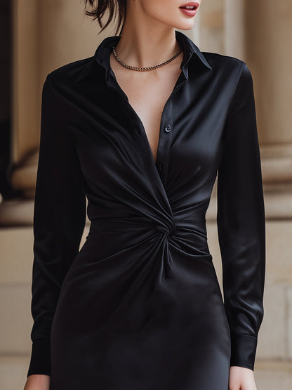 Satin Twist-Front Shirt Dress