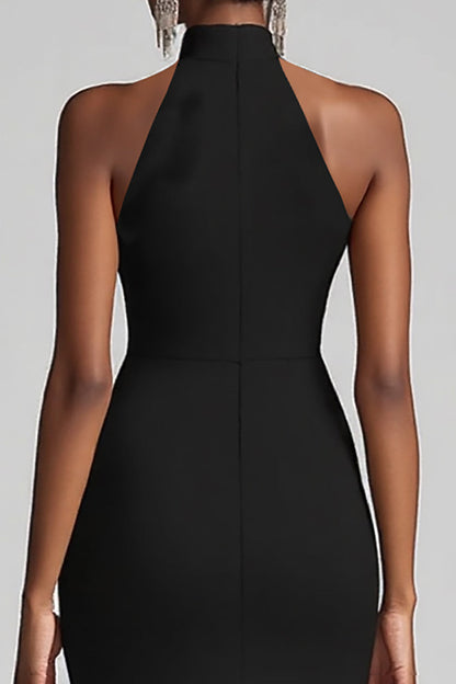 Halter Neck Black Ruffled Mermaid Long Formal Dress with Slit