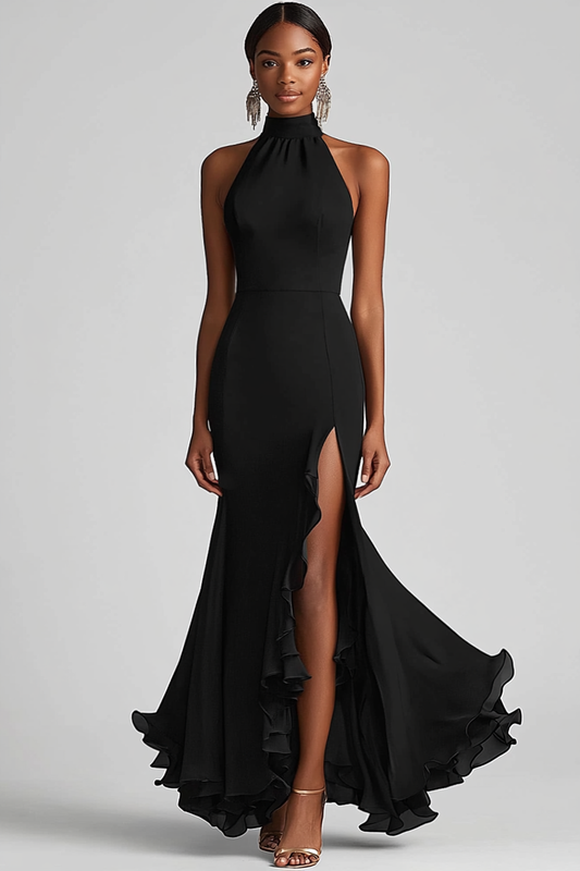 Halter Neck Black Ruffled Mermaid Long Formal Dress with Slit