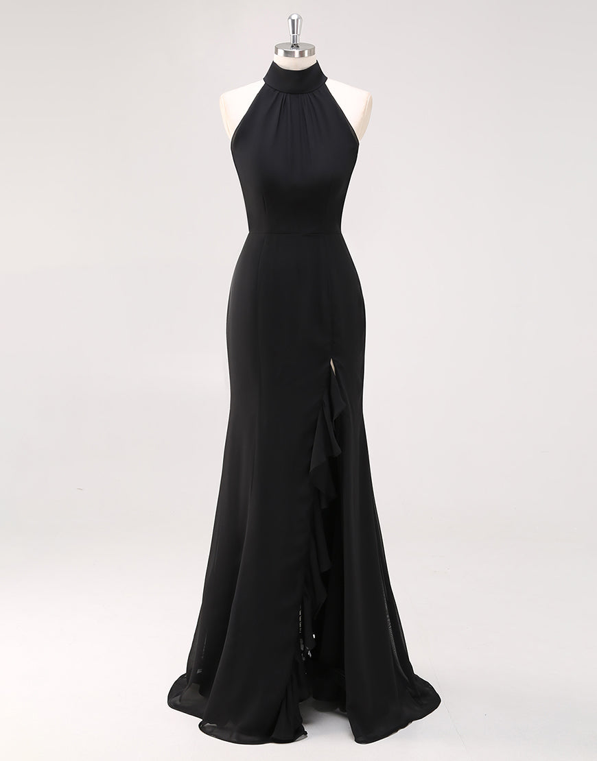 Halter Neck Black Ruffled Mermaid Long Formal Dress with Slit