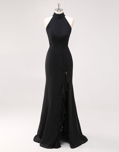Halter Neck Black Ruffled Mermaid Long Formal Dress with Slit