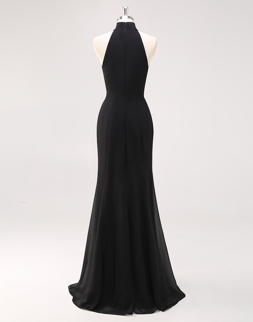 Halter Neck Black Ruffled Mermaid Long Formal Dress with Slit
