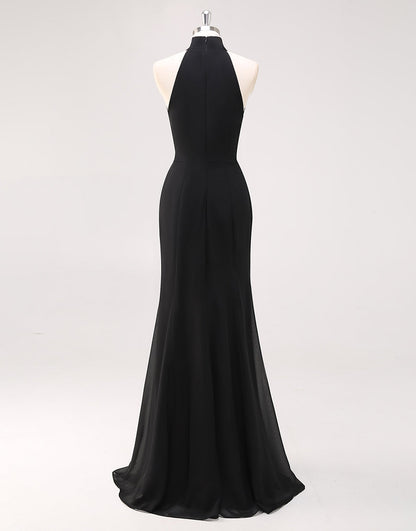 Halter Neck Black Ruffled Mermaid Long Formal Dress with Slit