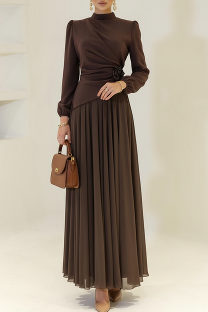 Rosette Mock Neck Puff Long Sleeve Pleated Party Maxi Dress