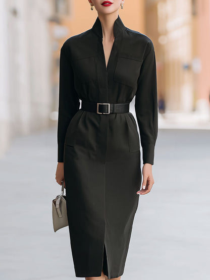 Stand-Collar Utility Belted Midi Dress