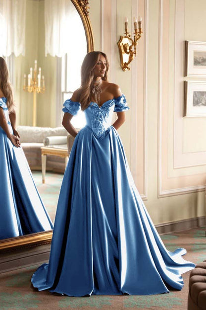 Short Sleeves Long A-Line Prom Dress With Embroidered And Pleated