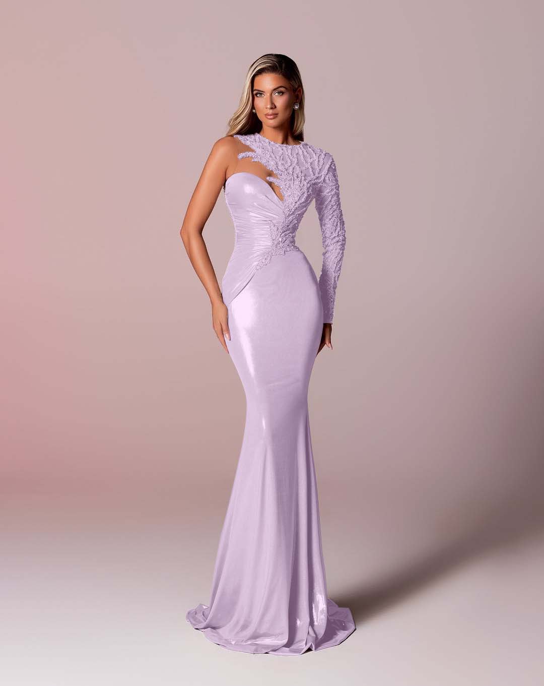 Asymmetric Neckline Single-Sided Long Sleeve Long Mermaid Prom Dress