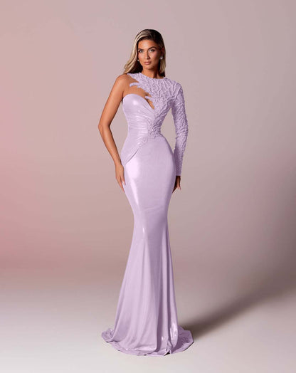 Asymmetric Neckline Single-Sided Long Sleeve Long Mermaid Prom Dress