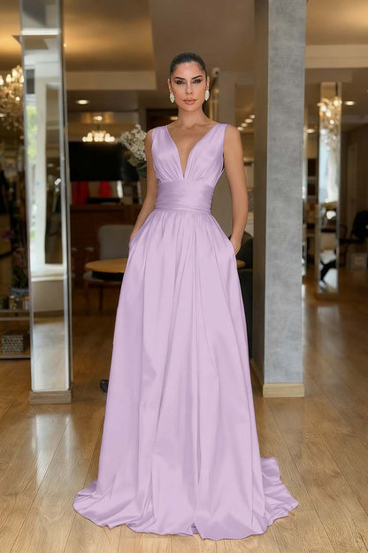 Sleeveless High Waist Long Prom Dress With Pockets Pleated