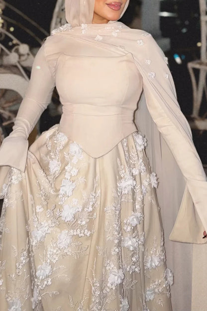 3D Floral Embroidery Corset Streamer Slit Cuff Party Maxi Dress