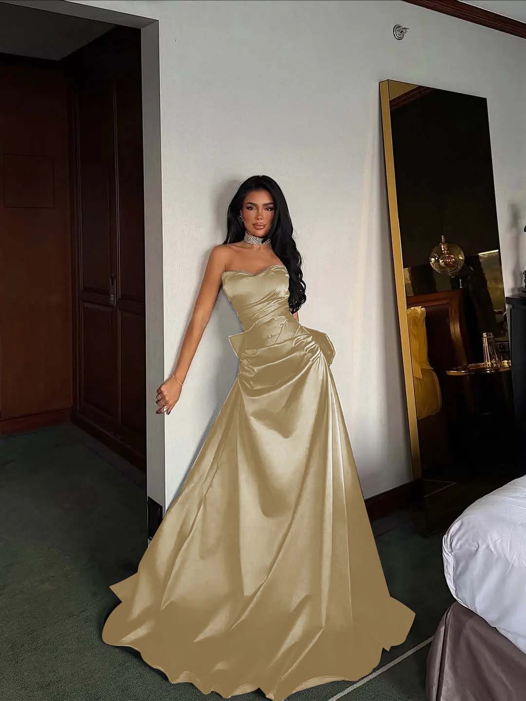 Black Satin Sweetheart Strapless Sleeveless Long A-Line Prom Dress With Pleated