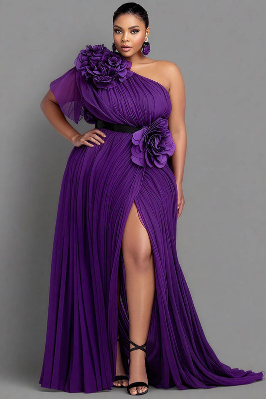 Formal Purple One Shoulder Short Sleeve 3D Elegant Split Chiffon Maxi Dress