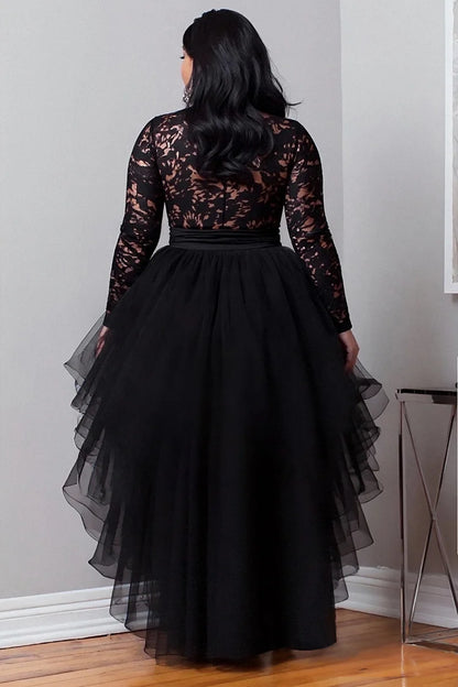 Cocktail Party Black Round Neck Long Sleeve High Low Hem Elegant Ruffle Tulle Lace Mini Dresses