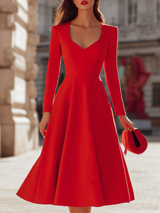 Elegant Red V - Neck Midi Fit - And - Flare Dress