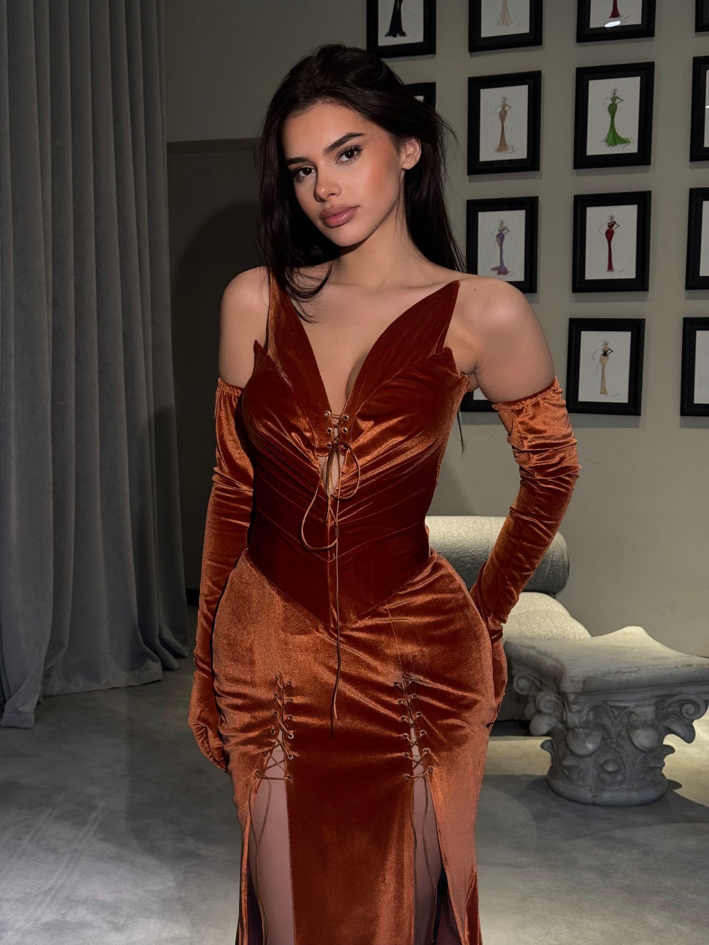 Velvet Corset Gown with High Slits