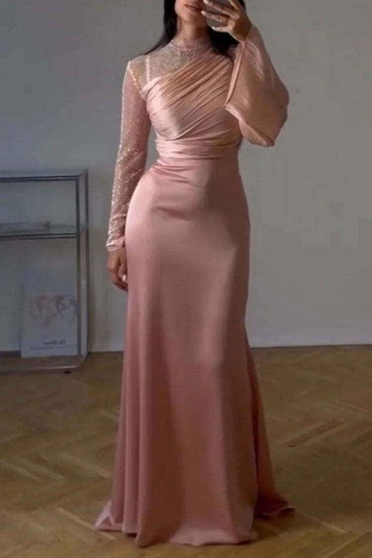 Mesh Patchwork Mock Neck Long Sleeve Ruched Party Maxi Dress