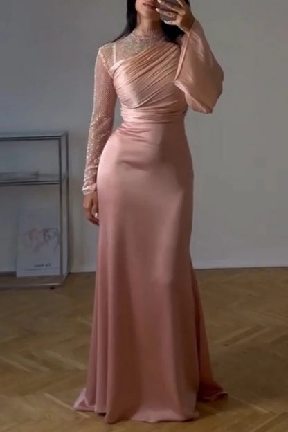 Mesh Patchwork Mock Neck Long Sleeve Ruched Party Maxi Dress