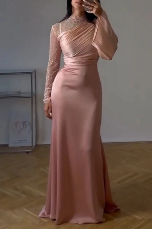 Mesh Patchwork Mock Neck Long Sleeve Ruched Party Maxi Dress