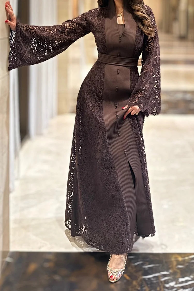 Water Soluble Lace Slit Abaya Strapless Maxi Dresses 2pcs Set