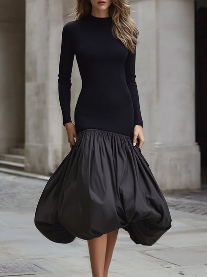 Black Knit And Taffeta Contrast Bubble Hem Dress