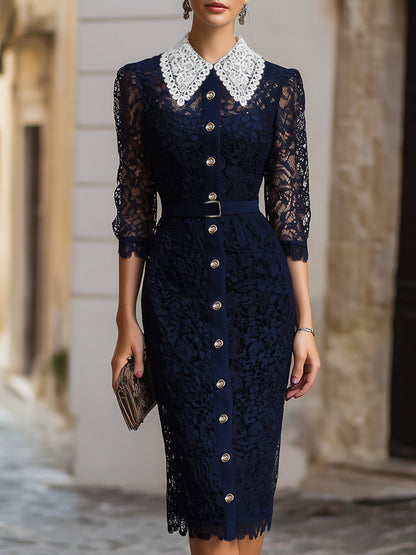 Elegant Lace Button-Front Midi Dress With White Collar