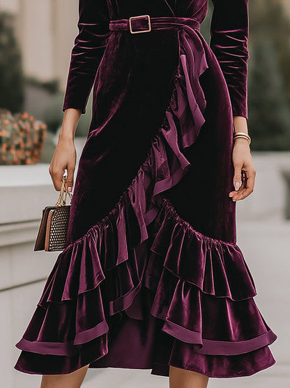 VOS LEE Ruffle-Wrap Velvet Midi Dress In Wine Plum