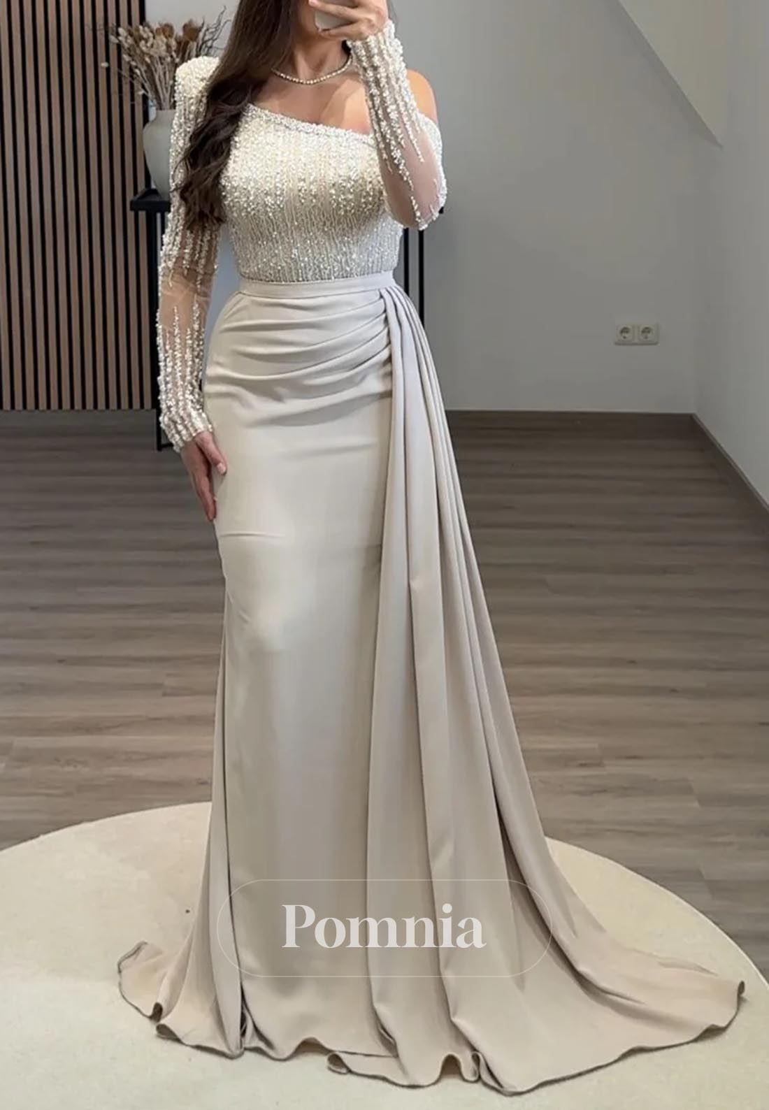 Mermaid Long Sleeves Appliques Ruched Evening Dress